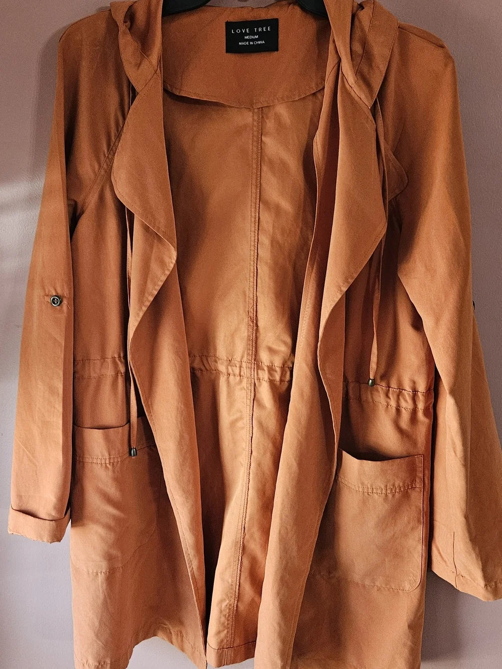 LOVE TREE Hooded Light Utility Jacket M Tie Front Casual Roll Tab Sleeve Anorak - Picture 2 of 8